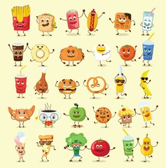 Cute funny food and drink characters set, best friends, funny fast food menu vector Illustrations. Flat vector illustration use for web page, card, poster, banner.