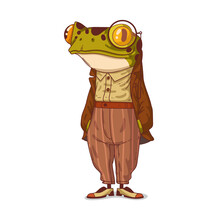 A Gentleman Frog, Vector Illustration. Stylish Humanized Frog. Elegant Anthropomorphic Frog, Wearing A Monocle, Standing Still With His Hands In Pockets. An Animal Character With A Human Body.