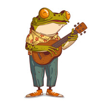 A Frog Playing Guitar, Vector Illustration. Humanized Musician Frog. Cheerful Anthropomorphic Frog, Wearing Summer Outfit And Playing Guitar With A Glad Face. An Animal Character With A Human Body.