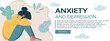 Anxiety and depression website banner. Sad woman. Cyber bullying. Online abuse concept. Teenager sitting on the floor and crying. Vector illustration in flat cartoon style.	

