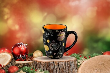 Wall Mural - A mug on a wooden background with bright lights in the background. New Year and Christmas.