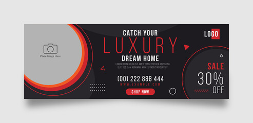 Wall Mural - Dream Home sale facebook cover page timeline web ad banner template with photo place modern layout black background and red shape and text design for real estate business