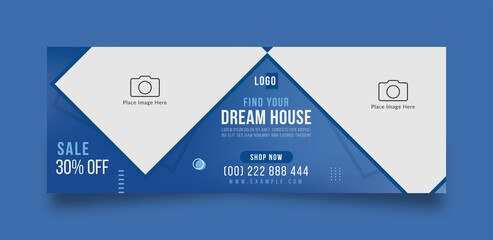 Wall Mural - Dream house sale facebook cover page timeline web ad banner template with photo place modern layout light blue background design for real estate business