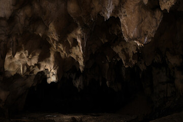 Wall Mural - The frozen water and icicles hanging on the dark cave walls