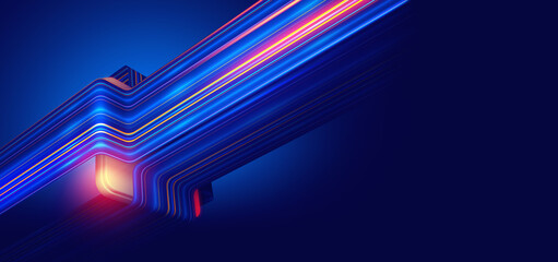 Fototapete - Quantum flow of information. Strings, beams of digital flow. CPU, processor and data loop. Tension, heat, work overload. Neon stream 3D illustration