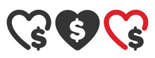 Donation Icons. Heart With A Dollar Sign. Charity Icons. Donations Related Signs. Vector Illustration