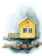 Watercolor Drawing. Scandinavian Landscape With Cute House. Yellow Village House Against The Backdrop Of Fog Sea Rocks