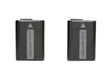 Two black plastic lithium ion batteries for sony photo camera with pure white background. for sony a6300 ,a6400 ,a6600. NP-FW50.