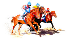 Three Racing Horses Competing With Each Other. Hippodrome. Racetrack. Equestrian. Derby. Horse Sport. Watercolor Painting Illustration Isolated On White Background