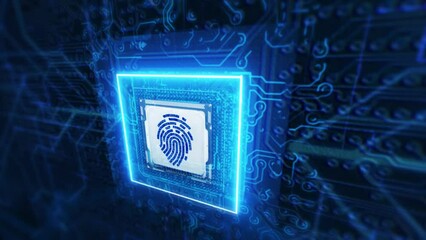 Poster - Cyber security concept with fingerprint hologram over working cpu in background. Concept of personal authentication technology, identity and biometric verification safety. 3D flight on circuit board.
