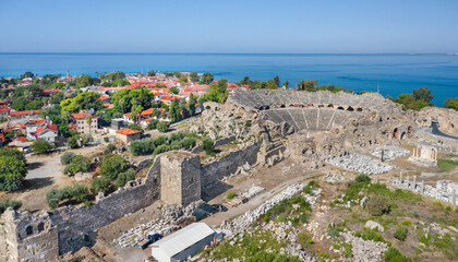 Wall Mural - The ancient city of Side. Peninsula. Amphitheater in Side. Tyukhe Temple. Agora. Ruins of the ancient city. Turkey. Shooting from a drone