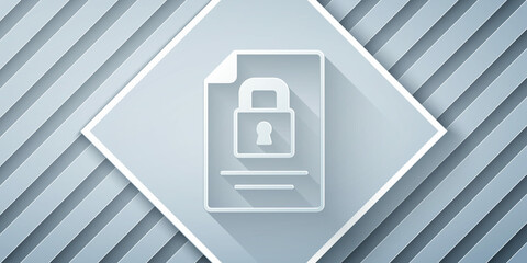 Poster - Paper cut Document and lock icon isolated on grey background. File format and padlock. Security, safety, protection concept. Paper art style. Vector