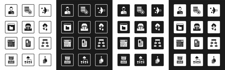 Poster - Set Filter setting, Hangar with servers, Browser files, Analyst engineer, Cloud hacking, Server and gear, Hierarchy organogram chart and Search icon. Vector