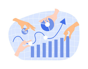 Poster - economics strategy concept. hands draw graphs and diagrams. analysts make visual presentation from s