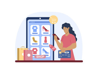 Poster - mobile payment concept. girl chooses clothes to buy through internet. modern technology, globalizati