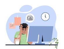 Burnout And Overload. Man Sits At His Workplace With His Head In His Hands. Low Energy, Dead End, Confused Character In Front Of Computer. Fatigue, Overwork. Cartoon Flat Vector Illustration
