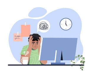 Burnout and overload. Man sits at his workplace with his head in his hands. Low energy, dead end, confused character in front of computer. Fatigue, overwork. Cartoon flat vector illustration