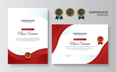 Wall Mural - Modern red certificate template and border, for award, diploma, and printing. Red and gold elegant certificate of achievement template with gold badge and border