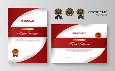 Wall Mural - Modern red certificate template and border, for award, diploma, and printing. Red and gold elegant certificate of achievement template with gold badge and border