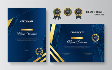 Wall Mural - Modern blue certificate template and border, for award, diploma, and printing. Blue and gold elegant certificate of achievement template with gold badge and border