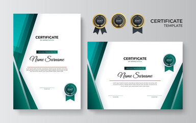 Modern green certificate template and border, for award, diploma, and printing. Blue and gold elegant certificate of achievement template with gold badge and border