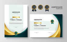 Modern Green Certificate Template And Border, For Award, Diploma, And Printing. Blue And Gold Elegant Certificate Of Achievement Template With Gold Badge And Border