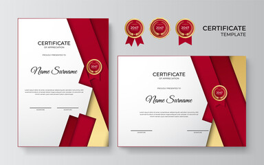 Wall Mural - Modern red certificate template and border, for award, diploma, and printing. Red and gold elegant certificate of achievement template with gold badge and border