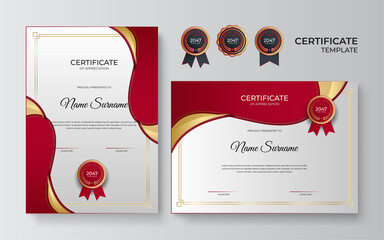 Wall Mural - Modern red certificate template and border, for award, diploma, and printing. Red and gold elegant certificate of achievement template with gold badge and border