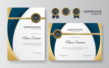 Dark green and gold certificate of achievement border template with luxury badge and modern line pattern. For award, business, award, achievement and education needs