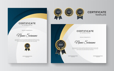 Wall Mural - Blue and gold certificate of achievement border template with luxury badge and modern line pattern. For award, business, award, achievement and education needs