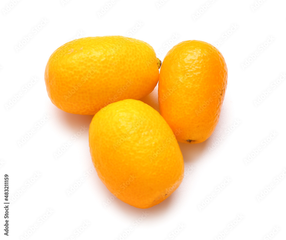 Tasty kumquat fruits on white background