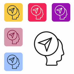 Poster - Black line Map marker with a silhouette of a person icon isolated on white background. GPS location symbol. Set icons in color square buttons. Vector