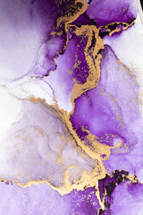 Wall Mural - Purple gold abstract background of marble liquid ink art painting on paper . Image of original artwork watercolor alcohol ink paint on high quality paper texture .