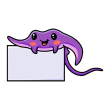 Cute Little Purple Stingray Cartoon With Blank Sign