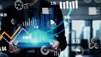 Poster - Double Exposure Image of Business and Finance conceptual - Businessman with report chart up forward to financial profit growth of stock market investment.