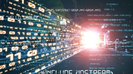 Software development, application programming code and tacit computer coding . Concept of smart digital transformation and technology disruption that changes global trends in new information era .