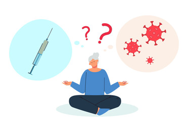 Poster - Elderly woman thinking of getting vaccinated. Vaccine syringe and virus in thought bubbles flat vector illustration. Health, coronavirus, vaccination concept for banner, website design or landing page