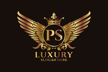 Luxury Royal Wing Letter PS Crest Gold Color Logo Vector, Victory Logo, Crest Logo, Wing Logo, Vector Logo Template.