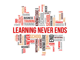 Learning never ends word cloud template. Creative concept vector background.