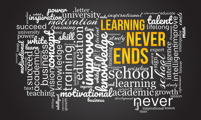 learning never ends word cloud template. creative concept vector background.