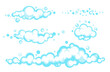 Cartoon soap foam set with bubbles. Light blue suds of bath, shampoo, shaving, mousse. Vector illustration. EPS 10
