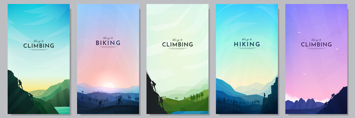 Vector illustration. Travel concept of discovering, exploring and observing nature. People hike, climb, bike. Adventure tourism. Flat design background for flyer, voucher, coupon, leaflet, gift card.