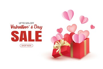 Poster - valentine's day sale with red gifts boxes and a lot of hearts on white background.