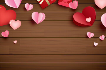 Poster - happy valentines day with paper hearts and copy space on wood background.
