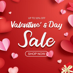 Poster - valentines day sale banner template with heart and text on red background.