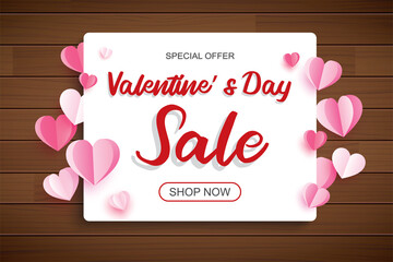 Poster - valentines day sale banner template with heart and text on wood background
