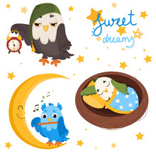 A Set Of Three Cute Birds And Lettering On The Theme Of Sleep In Different Poses. Cartoon Vector Illustration.
