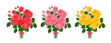 Roses Bouquet Set Isolated On White Background. Red, Yellow And Pink Flowers. Vector Floral Cartoon Flat Illustration.