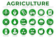 Green Agriculture Round Icon Set of Wheat, Corn, Soy, Tractor, Sunflower, Fertilizer, Sun, Water, Growth, Weather, Rain, Fields, Pesticide, Farmer Seeds, Soil, Apple, Fruit Icons.