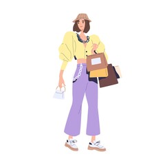 Wall Mural - Woman consumer carrying many shopping bags. Buyer shopaholic portrait. Fashionable customer. Fast fashion concept. Flat vector illustration of female shopper, spender isolated on white background